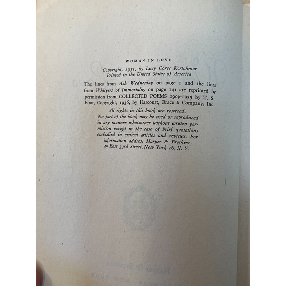 Woman In Love by Lucy Cores Hardcover published By Harper & Brothers In 1951 - Picture 8 of 8
